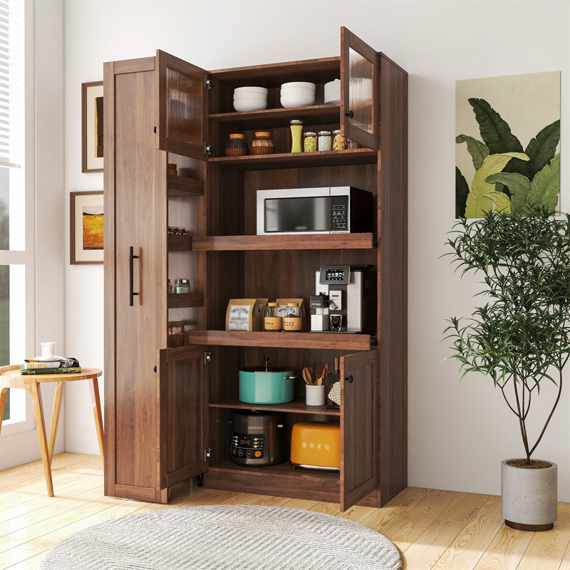 Armoire de cuisine avec tablette de rangement coulissante multi-fonctionnelle, Noyer / noir