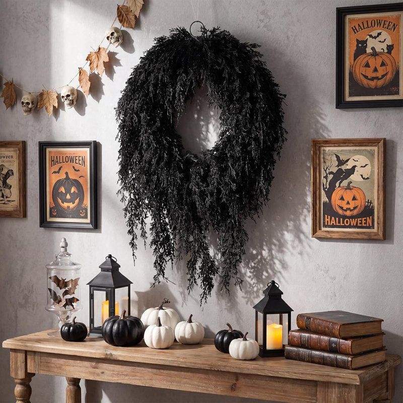 Couronne artificielle noire d'Halloween de 50 cm (20 po), couronne en cèdre | Décorations de fête effrayantes, porte d'entrée, intérieur/extérieur, mur/fenêtre/porche