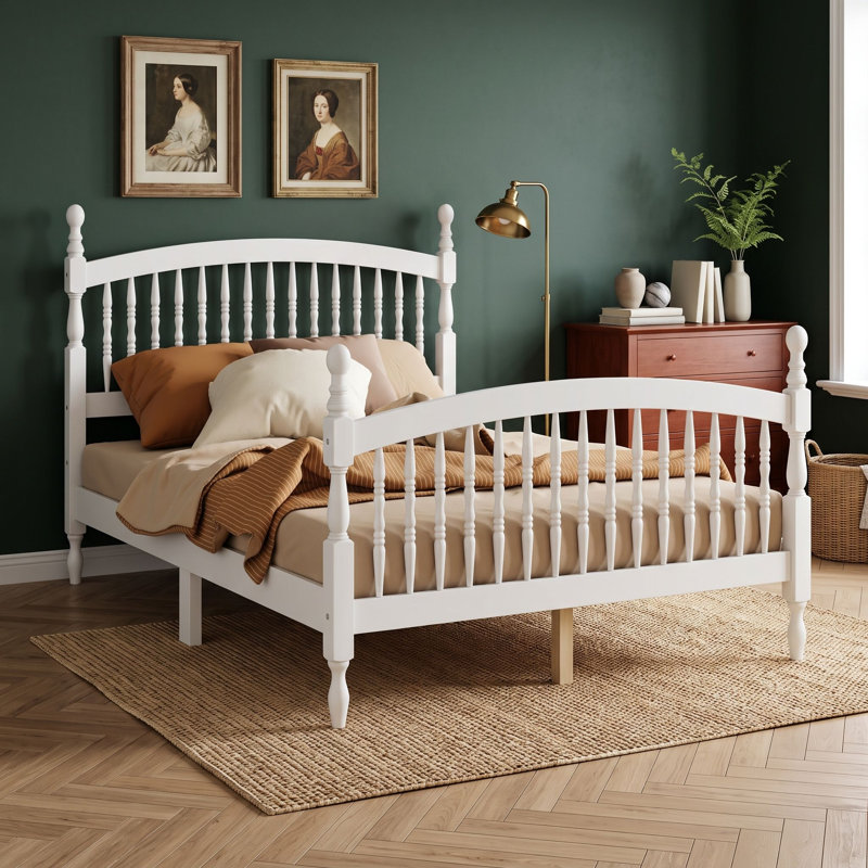 Wood Platform Bed with Arched Headboard and Footboard, Lit double, Milky White