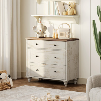 Commode pour enfant Ariv Farmhouse, commode pour chambre à coucher avec 3 tiroirs, blanc rustique