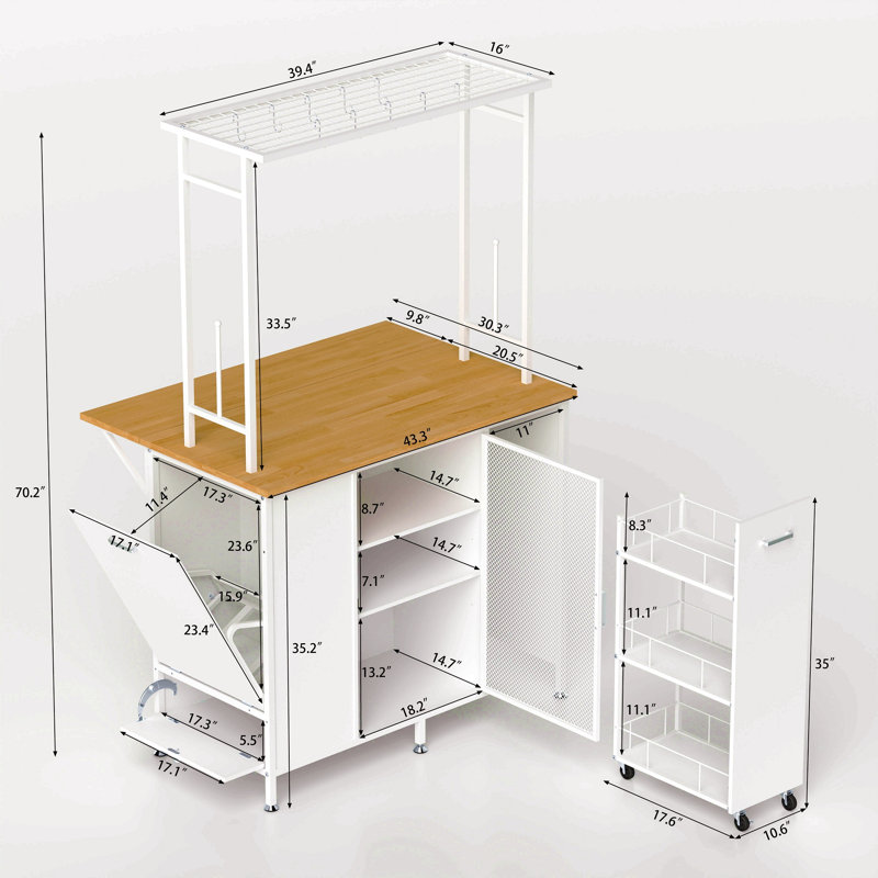 Îlot de cuisine avec espace de rangement, bar pour le petit-déjeuner avec panneau rabattable pliable, grandes armoires et tiroirs de rangement, grande table basse avec crochets