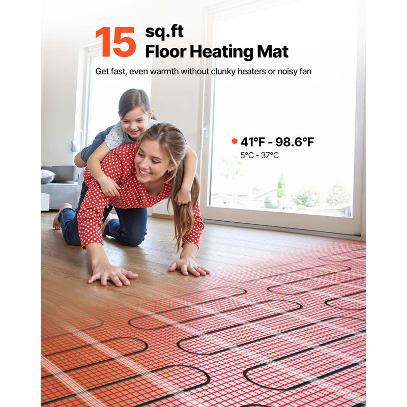 Système de tapis de plancher chauffant auto-adhésif de 15 pieds carrés, système de plancher chauffant électrique radiant 120 V, avec thermostat et alarme à contrôle intelligent, installation facile pour le carrelage, la pierre, le vinyle