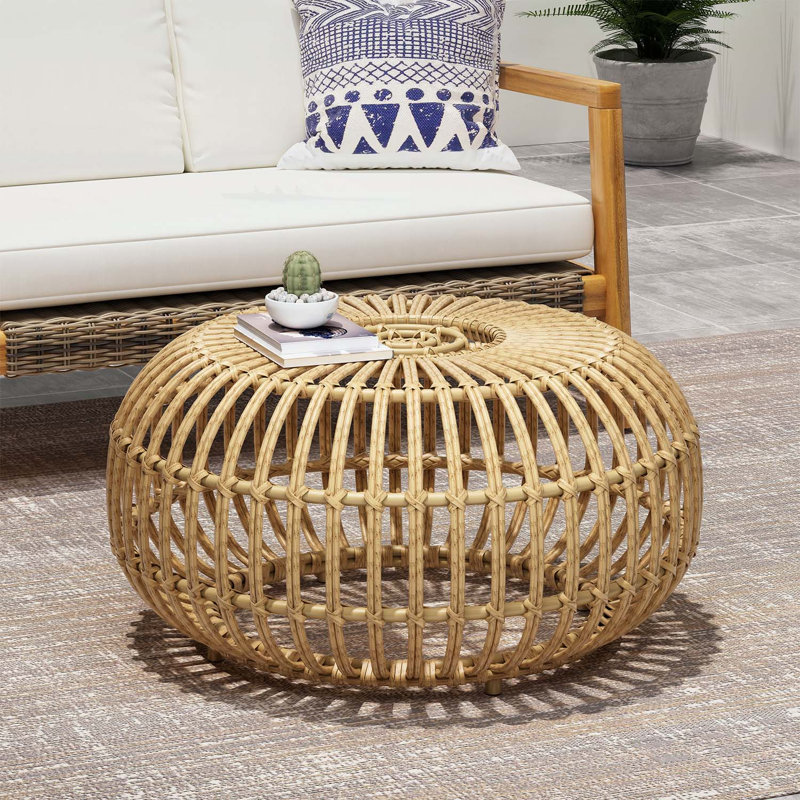 Table basse en faux rotin bohémien à tissage artisanal pour l'intérieur et l'extérieur, brun clair