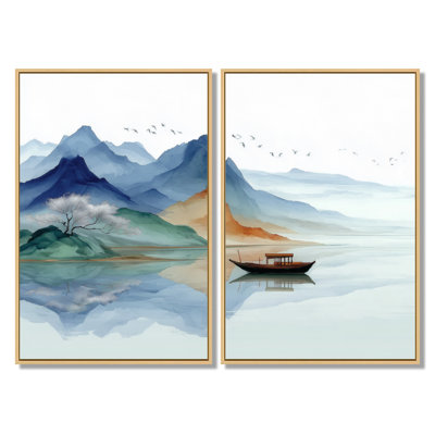 «Serene Landscape With Misty Mountains Fishing», impressions sur toile de pêche, art mural bleu paysage 2 pièces