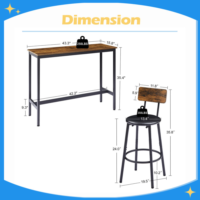 Ensemble de table de bar durable et esthétique avec 2 tabourets de bar, assise en polyuréthane souple avec dossier, L 43,31 po x l 15,75 po x H 35,43 po