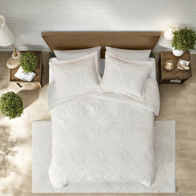 Plush Ivory Bedding Set, Faux Fur Embroidered Medallion, Luxury Home Comfort