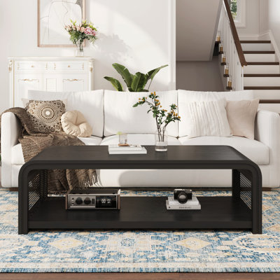 Table basse rectangulaire 47,24 "avec rangement à 2 niveaux, centre de table en bois avec côtés en rotin courbé pour le salon, appartement, décoration intérieure