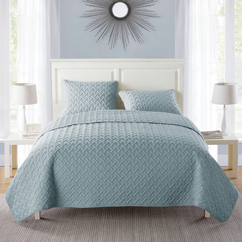 Ensemble de courtepointe à tissage de panier Nina, Couvre-lit double / grand + 2 taies décoratives, Bleu