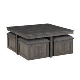 Square Coffee Table With 4 Storage Stools In Rustic