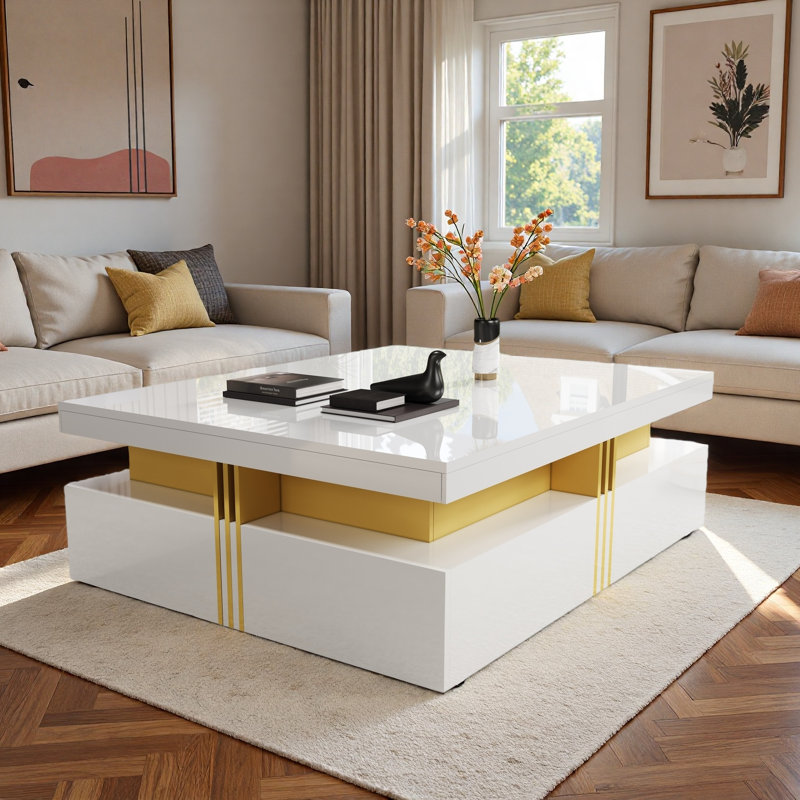 Table basse carrée avec rangement à 4 tiroirs, Blanc, Blanc