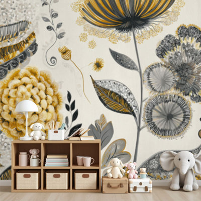 Papier peint adhésif pissenlit scandinave floral nordique rétro style Mid-Century H 69 po x l 96 po amovible, papier peint adhésif mural en PVC pour chambre à coucher, bureau à domicile
