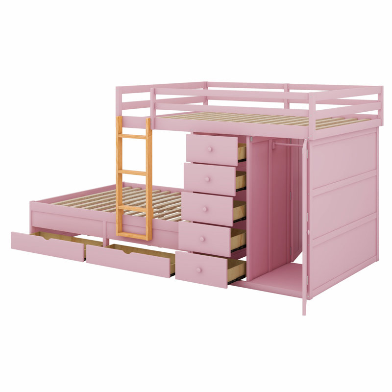 Lit superposé en bois avec petite armoire et 2 grands 5 petits tiroirs de rangement, Rose Sakura