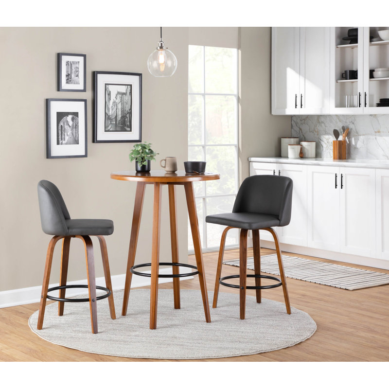 Thea 26" Fixed-Height Counter Stools with Bent Wood Legs & Round Footrest, Walnut/Black, Gray Faux Leather