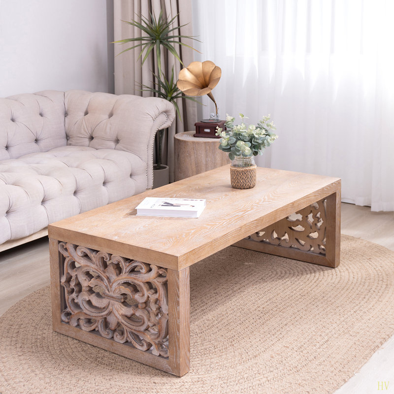 47.2" Rustic Carved Wood Coffee Table – Handcrafted Look With Ornate Side Panels Finish, Natural Wood