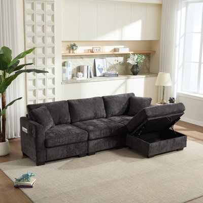 Canapé modulaire moderne en L en chenille avec double USB, rangement pour repose-pieds et poches latérales, 4 places, noir