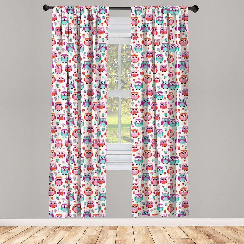 Pink Owl Print Polyester Room-Darkening Curtain Panels