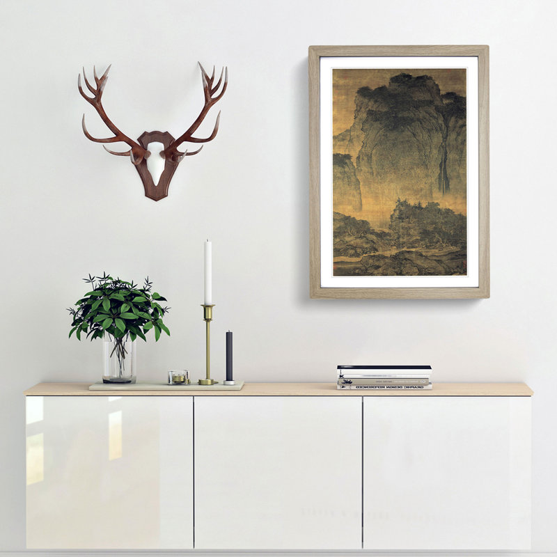 Travelers Among Mountains & Streams by Fan Kuan - Picture Frame Painting Print, 48cm H x 36cm W x 2cm D, Oak Framed