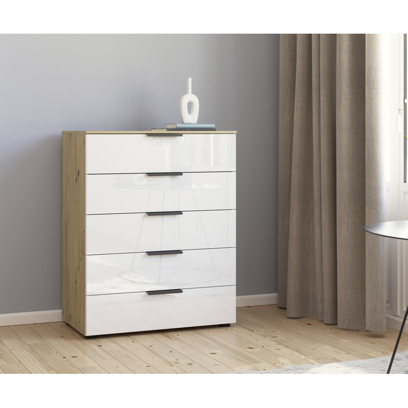 Flipp 5 - Drawer Chest of Drawers, Artisan Oak/White Glass/Graphite
