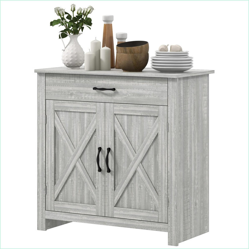 Sideboard Buffet Cabinet, Farmhouse Barn Door with Drawer &amp; Adjustable Shelf, Stone Gray | Particleboard | MDF