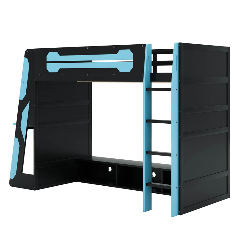 Lit mezzanine simple en bois avec bureau, tablettes multiples et lumière RVB, Bleu nuage
