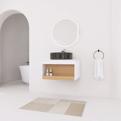 24 Inch Floating Bathroom Vanity with Round Ceramic Vessel Sink, Open Shelf Storage