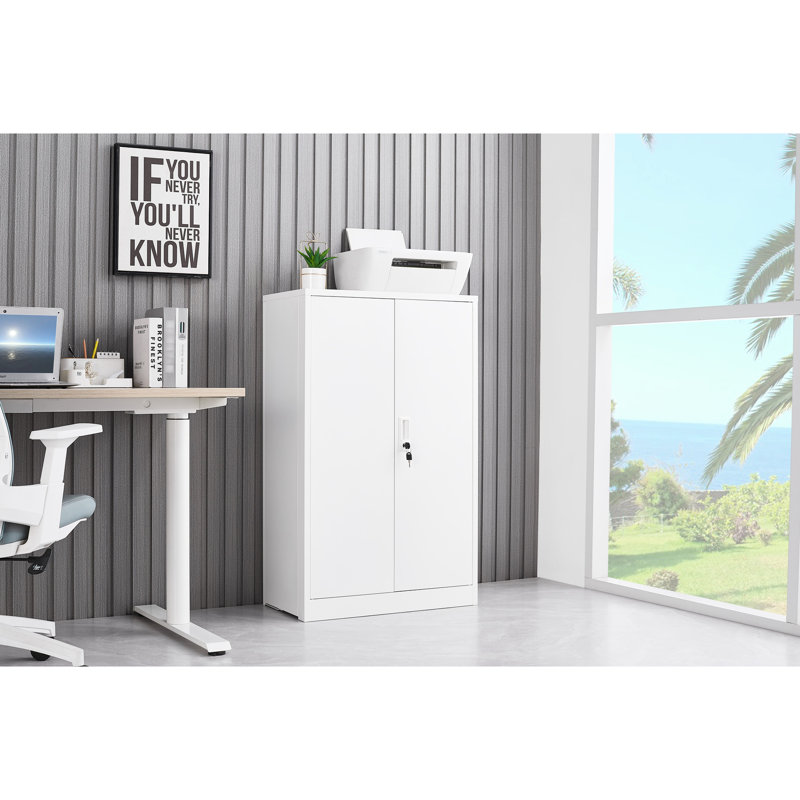 Adjustable Shelf Metal Storage Locker For Office, Home, - White Colorway Cabinet With Foldable Feature Garage, Home Locking