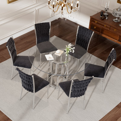 Ensemble de table de salle à manger 47,2 "en verre pour 6 personnes, ensemble de table de cuisine en verre avec chaises en velours