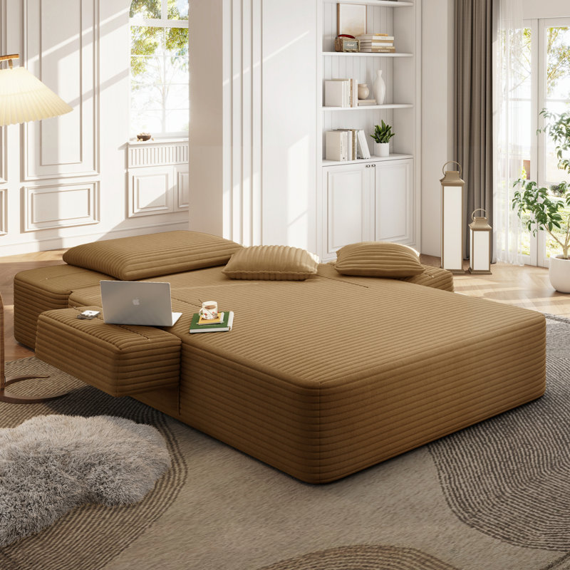 Chaise longue convertible en velours côtelé avec pochette de rangement et sans assemblage, Camel Corduroy