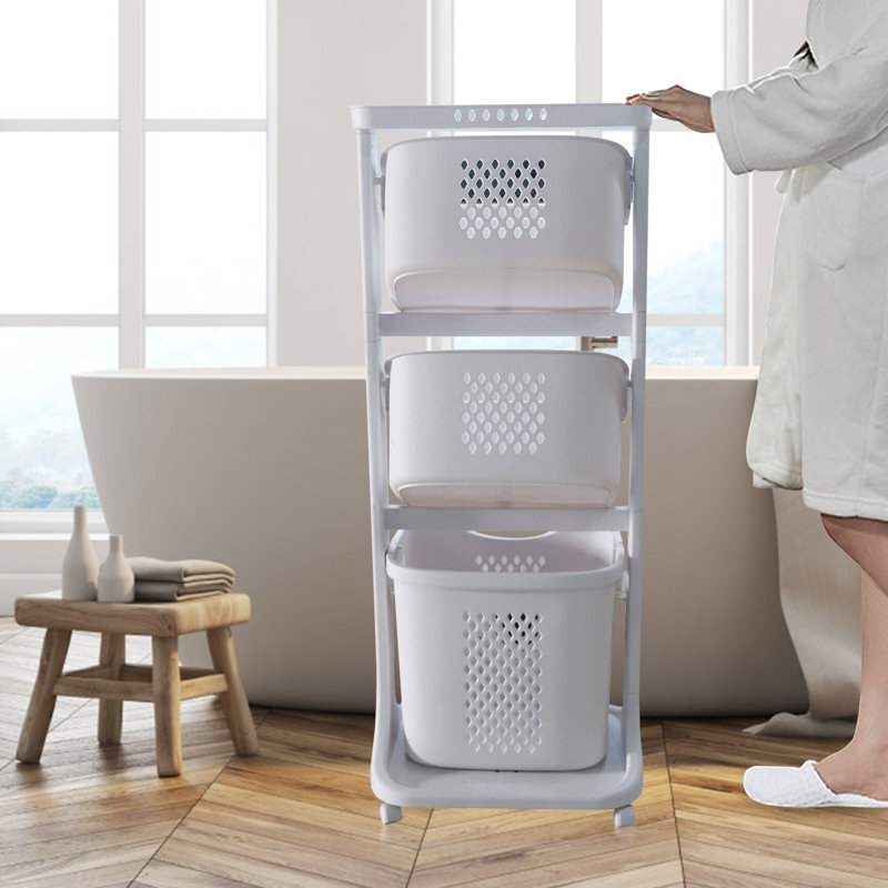 White 3-Tier Plastic Rolling Laundry Hamper with Wheels