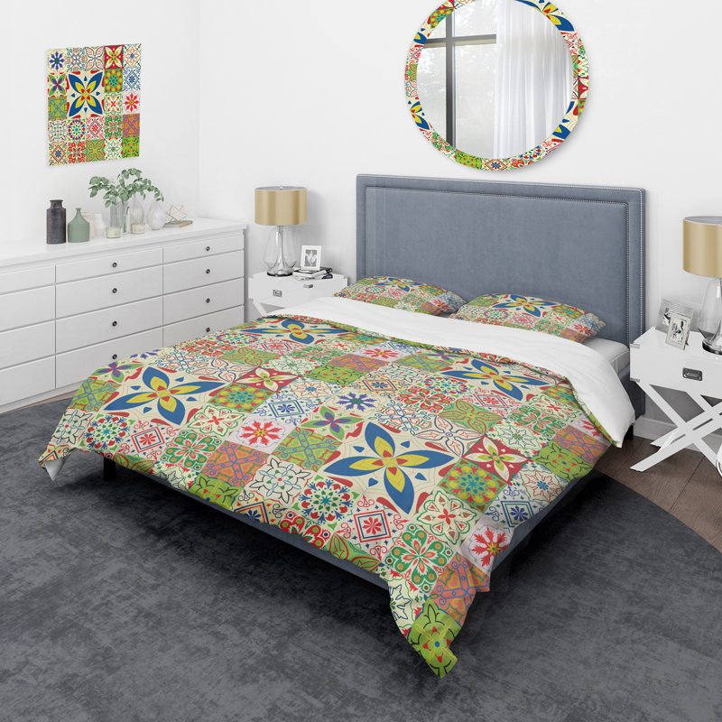 Ensemble de housse de couette à motif patchwork vert et bleu, Housse de couette simple + 1 taie décorative stan