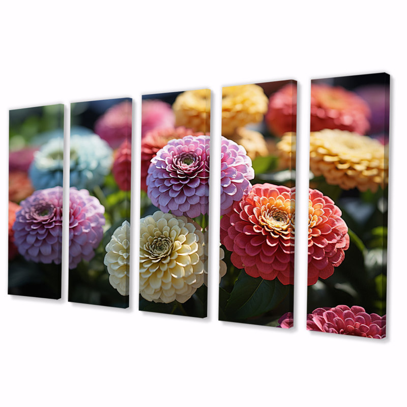 Champ coloré Zinnias au lever du soleil II - art mural floral salon - 5 panneaux égaux