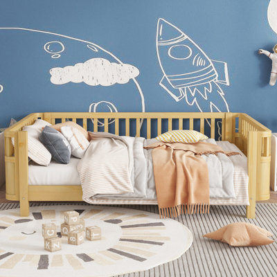 Lit plateforme double en bois pour enfants, lit double en bois à profil bas avec rails, naturel