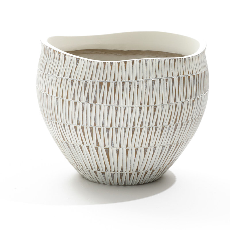 White and Gold V-Pattern Polyresin Round Planter, 9.6" H x 12" W x 12" D