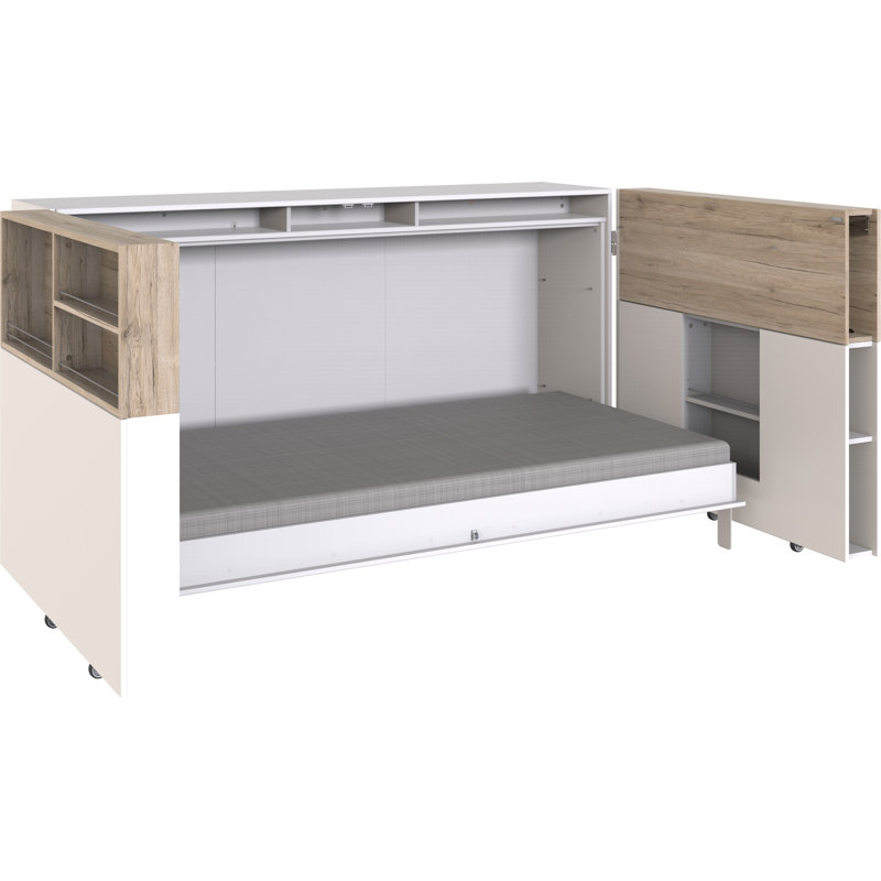 Carnahagh 216Cm W Rectangular Floating Desk and Cabinet, White/Oak, Oak