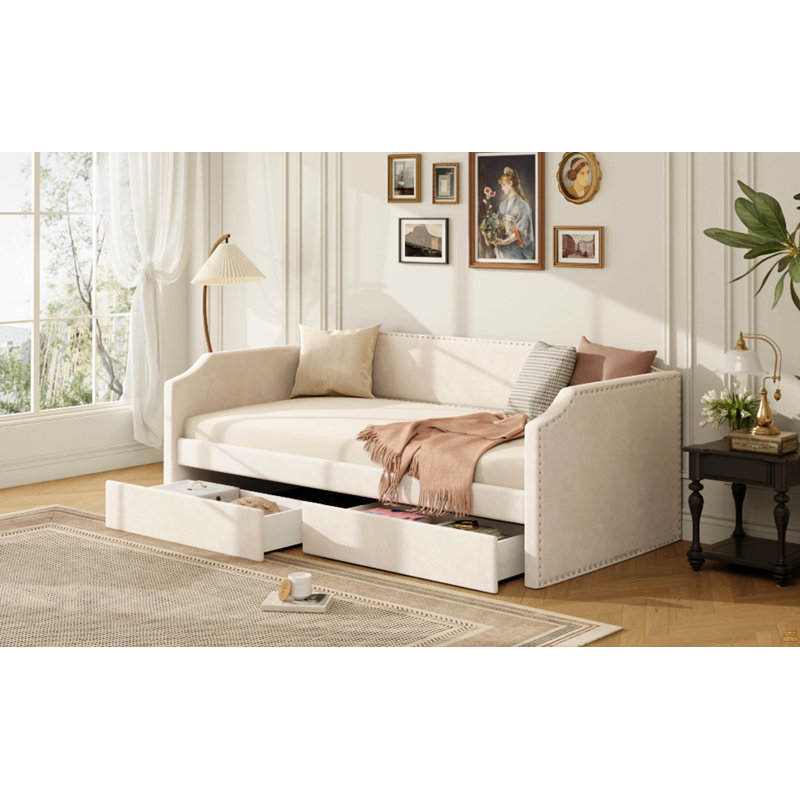 Lit de jour simple rembourré en velours avec 2 tiroirs, beige