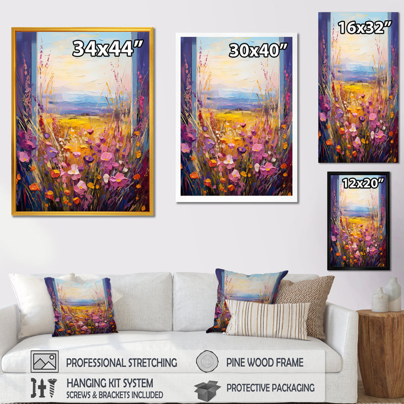Rose et jaune, fenêtres florales, vue brise III - prairie, art mural, Toile tendue, 60" H x 28" W