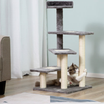 Arbre à chat gris de 40 po avec escalier tournant à 5 niveaux, centre de jeu et perchoir de repos doux - Care for Cats 'Comfort in Plushly Warming Make Lives