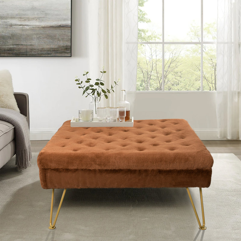 83.8 cm W Tufted Square Cocktail Ottoman, Umber Faux Fur