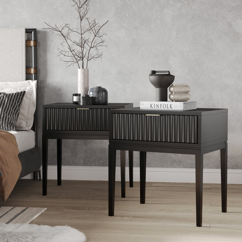 Boho Fluted Wood Nightstand Or End Table, Black Oak