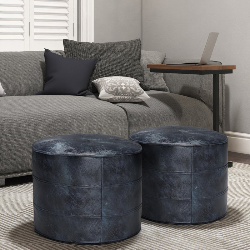 Repose-pieds Connor de 18 po de largeur en cuir véritable bleu marine vieilli, Bleu