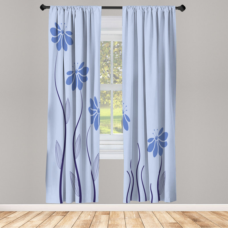 Microfiber Floral Semi-Sheer Rod Pocket Curtain Panels, 28" W x 63" L, Dark Blue
