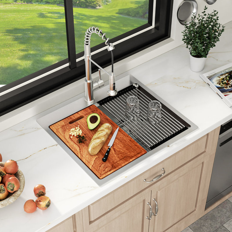 25"L Drop-In Kitchen Sink Single Bowl Stainless Steel Sink with Ledge Workstation and Accessories, 25" L x 22" W