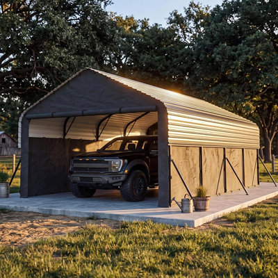 12' x 20' x 9' Metal Carport, Enclosed Carport with 220 g PE Tarp, Gable End Doors & Sidewalls, Steel Frame for Trucks, Boats & Tractors