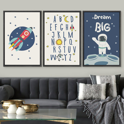 Outer Space Rocket Alphabet Nursery Decor, Modern Astronaut Kid's Room Pictures, Giclee Canvas Digital Print Framed Wall Art