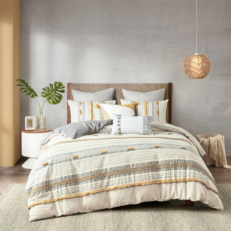 Housse de couette pour grand lit en coton avec détails en tissu doux et rayures gris