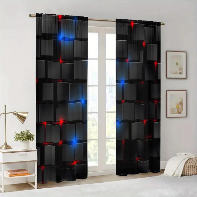 2Pcs Black Curtains with Red Blue Cub Pattern  Window Treatment Rod Pocket Drapes for Living Room Bedroom Gaming Home Decor Modern Tech Style