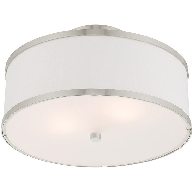 Plafonnier semi-encastré en tissu Enda, Nickel brossé, H 8 po x l 13 po x P 13 po, Blanc cassé