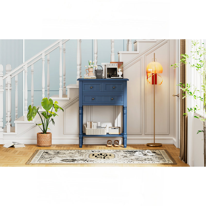Console étroite, canapé mince avec trois tiroirs de rangement et tablette inférieure (bleu marine), Navy