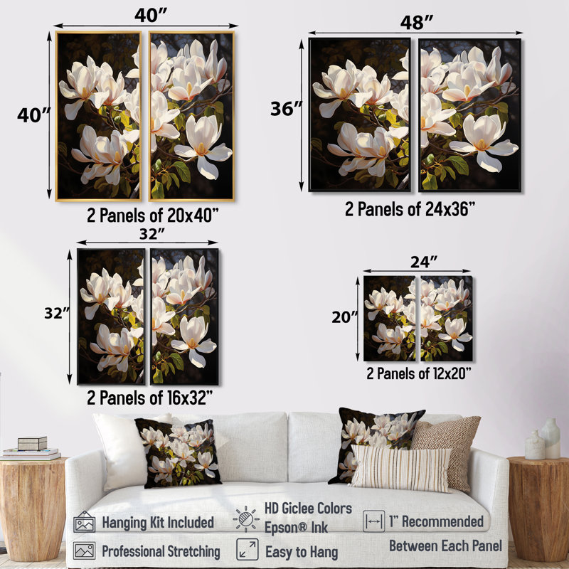 Art mural blanc blanc Magnolias Magnolia - blanc, Noir, H 36 po x l 48 po, Reproduction encadrée sans passe-partout