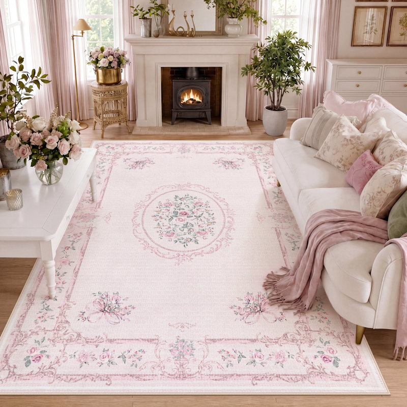 Tapis Boho Vintage, doux, floral, lavable, antidérapant, certifié Oeko-Tex, Light Pink, 8'x10'
